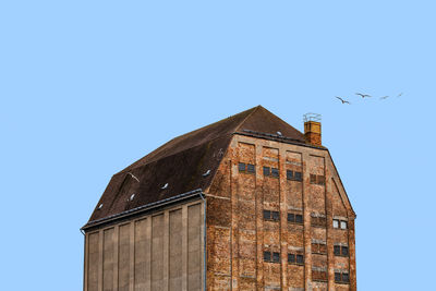 Low angle view of birds flying by building against sky