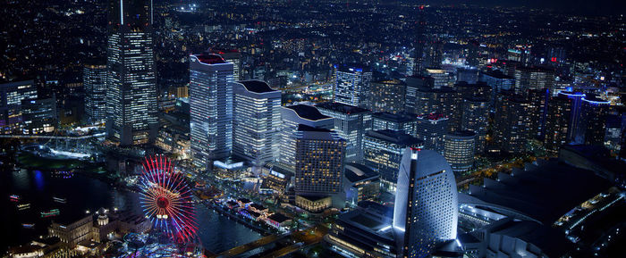 High angle view of illuminated buildings in city at night, tokyo-japan