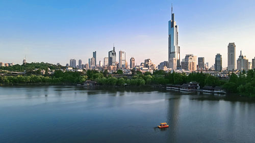 High angle view of cityscape against clear sky