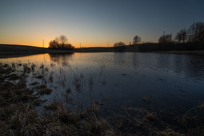 Scenic view of lake against sky during sunset