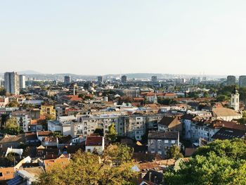 High angle view of townscape against clear sky