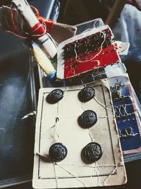 High angle view of objects on table