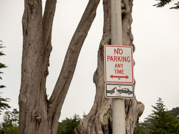 Information sign on tree trunk against sky