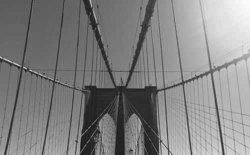 Low angle view of suspension bridge against sky