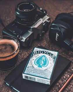 High angle view of camera on table