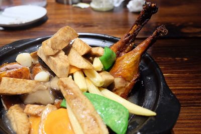 High angle view of food served on table