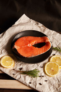 High angle view of fish on table