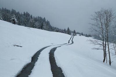 Snow covered landscape against sky