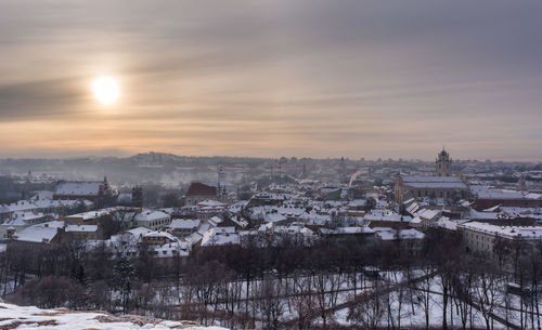 High angle sunrise view of vilnius city during winter