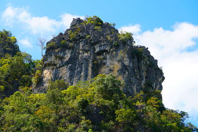 Low angle view of rock formation against sky