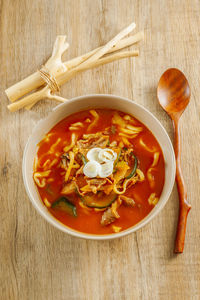 High angle view of soup in bowl on table