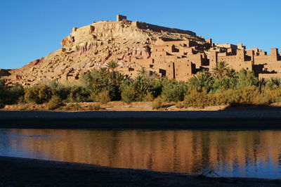 View of lake by building against clear sky