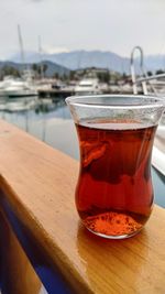 Close-up of tea in glass on table