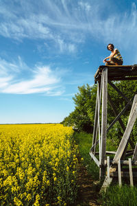 Man sitting on wood over field against sky