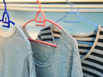 Close-up of clothes hanging on clothesline