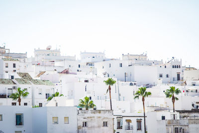 Whitewashed residential buildings in city against clear sky