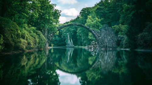 Reflection of trees in lake against sky