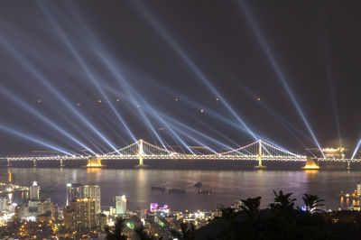 Illuminated bridge over river against sky at night