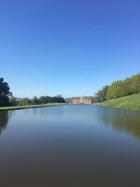 Scenic view of lake against clear blue sky