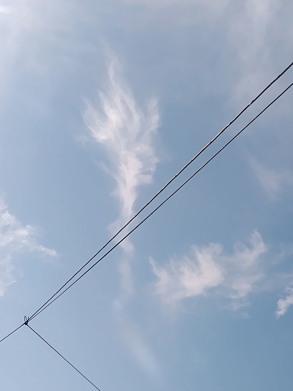 sky, cloud, blue, low angle view, cable, nature, line, no people, overhead power line, electricity, day, outdoors, technology, mast, street light, copy space, wind, power supply