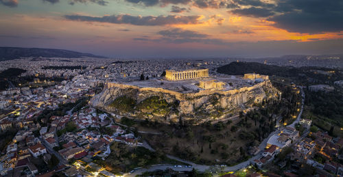 High angle view of townscape against sky during sunset