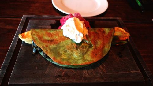 Close-up of dessert in plate on table