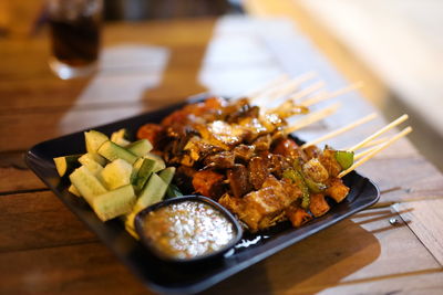 High angle view of meal served in plate on table