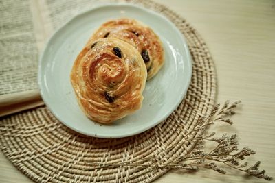 Close-up of dessert served on table, bakery