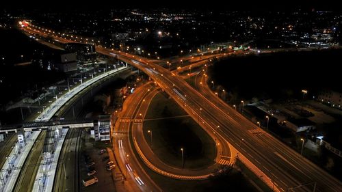 High angle view of illuminated city at night