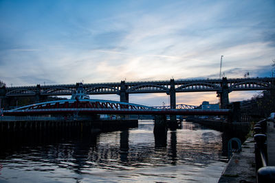 Bridge over river with city in background