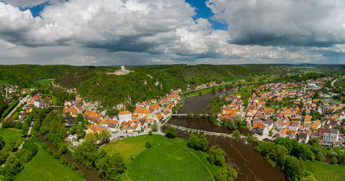 Aerial panoramic view of kallmünz, kallmuenz in bavaria with castle ruin and rivers naab