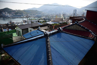 High angle view of buildings in city