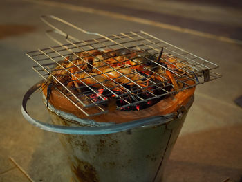 High angle view of prawns on barbecue grill