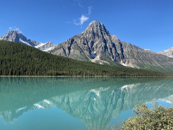 Scenic view of lake and mountains against blue sky