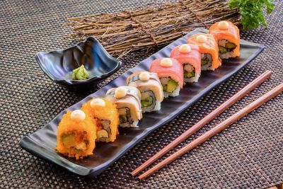 High angle view of sushi on table