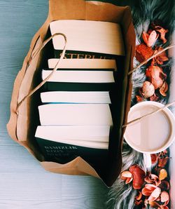 High angle view of books on table