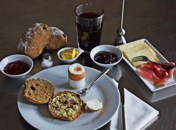 High angle view of breakfast served on table