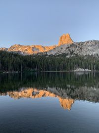 Scenic view of lake by mountains against clear sky