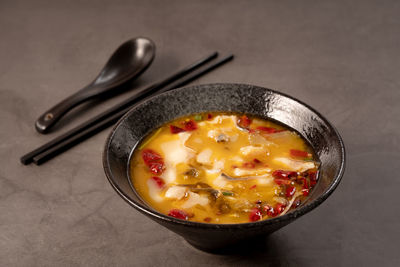 High angle view of food in bowl on table