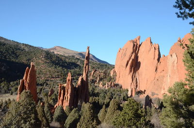 Panoramic view of rocky mountains against clear sky