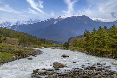 Scenic view of snowcapped mountains against sky