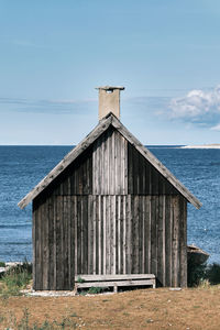 Hut by sea against sky