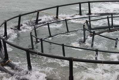 High angle view of frozen sea seen through railing