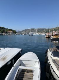 Sailboats moored at harbor against clear sky