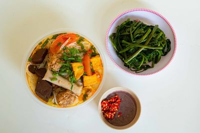 High angle view of food in bowl on table