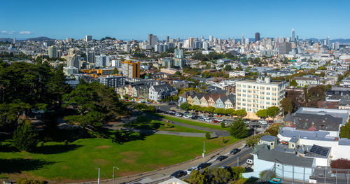 High angle view of buildings in city