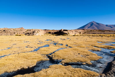 Scenic view of desert against clear blue sky