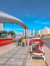 People riding bicycle against building in city