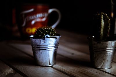 Close-up of potted plants in glass jar on table