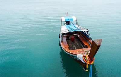 High angle view of ship moored in sea